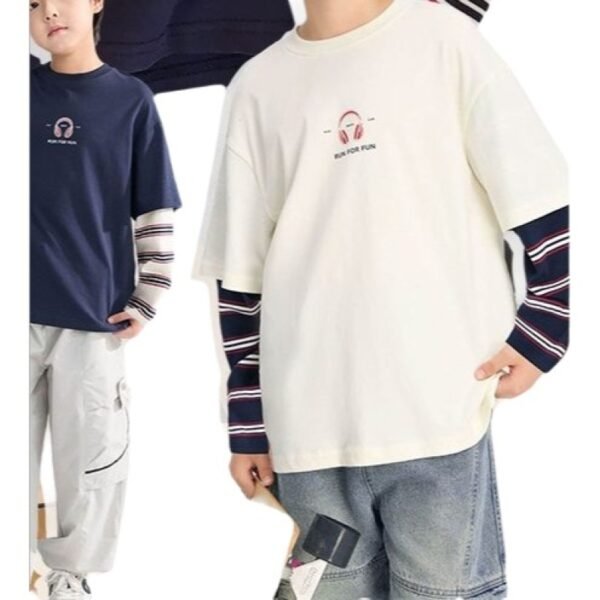 Boys' Pure Cotton Long-Sleeve T-Shirt, Children's Faux Two-Piece Base Shirt, Spring Autumn Style