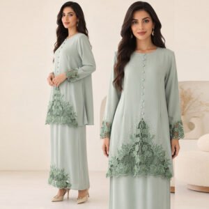 FF111-KEBAYA001 Ensemble deux pièces Baju Kurung en dentelle florale dégradé vert menthe