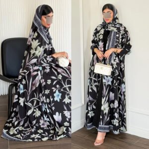HY184 Cardigan long noir à imprimé floral avec foulard