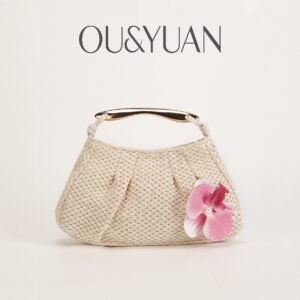 Hand-Woven Straw Handbag – Cream White Floral Decorated Bag