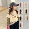 Children's Two-in-One Long Sleeve T-Shirt, Cartoon Patchwork Sleeve Top
