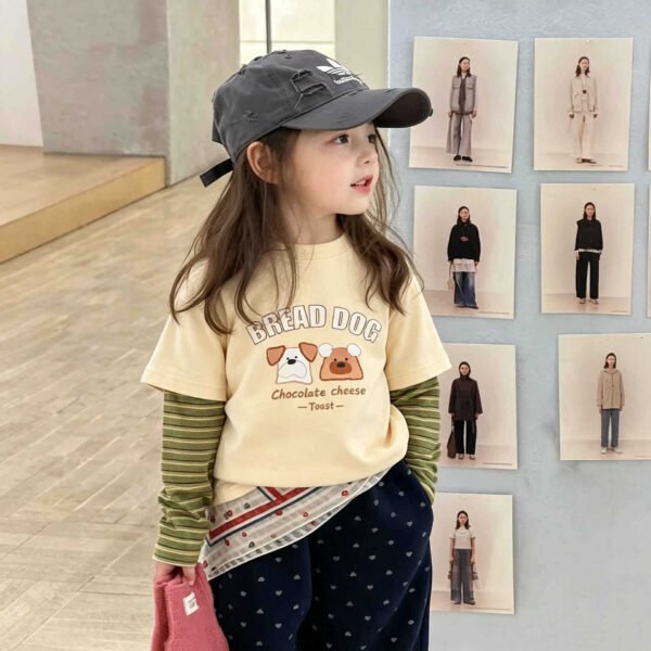 Children's Two-in-One Long Sleeve T-Shirt, Cartoon Patchwork Sleeve Top