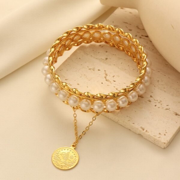 Middle Eastern Vintage Pearl Bracelet with 24K Gold-Plated Coin Pendant
