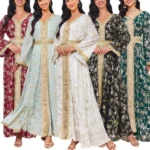 MT084 Cross-Border Trade Hot-Selling In-Stock Women Dress with Floral Embossing and Gold Stamping, Fashionable Long Gown Abaya