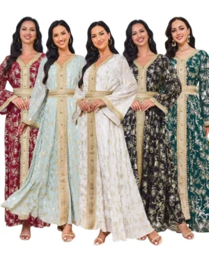 MT084 Cross-Border Trade Hot-Selling In-Stock Women Dress with Floral Embossing and Gold Stamping, Fashionable Long Gown Abaya