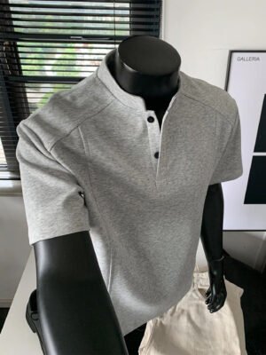 Men's Henley Collar Polo Shirt - Heavyweight Short Sleeve Cotton Top