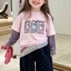 Children's Two-in-One Long Sleeve T-Shirt, Cartoon Patchwork Sleeve Top