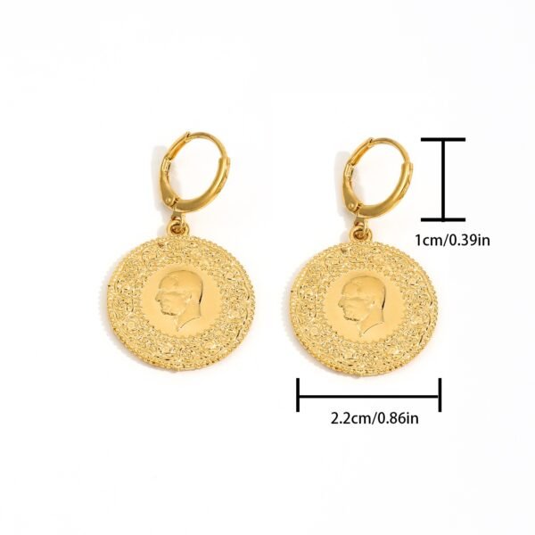 Turkish Gold-Plated Coin Earrings, Women's Head Portrait Gold Coin Ear Studs