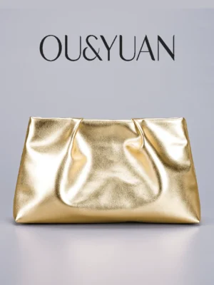 Gold Pleated Evening Bag - Chain Shoulder Cloud Clutch