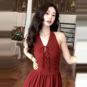 French Retro Red Halter Neck Dress Summer Beach Vacation Elegant Waist-Cinching Long Dress