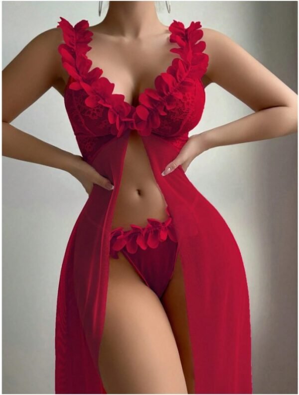 Cross-Border Foreign Trade European and American New Sexy Lingerie Sexy Women's Flower Front Placket Mesh Suspender Long Skirt Sexy Suit