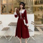 French Style Women's Red Waist Slimming Long Sleeve Hepburn Style Midi Dress Plus Size