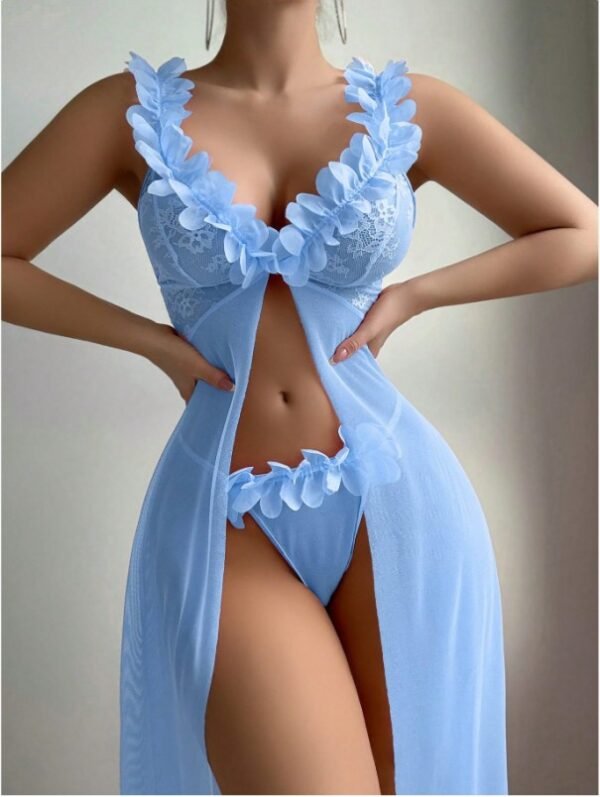Cross-Border Foreign Trade European and American New Sexy Lingerie Sexy Women's Flower Front Placket Mesh Suspender Long Skirt Sexy Suit