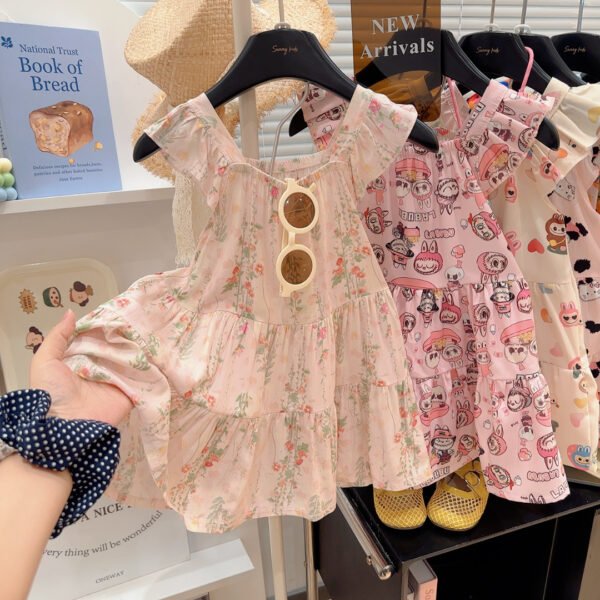 Girls Floral Cartoon Print Cotton-Silk Summer Dress - Skin-Friendly, Cool Feel