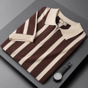 Men's Striped Knitted Polo Shirt - Retro Zip Neck Short Sleeve Top