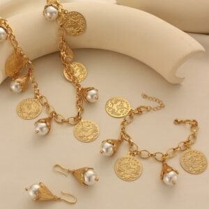 Lily of the Valley Coin Pendant Necklace, Bracelet & Flower Earrings Gold-Plated Set