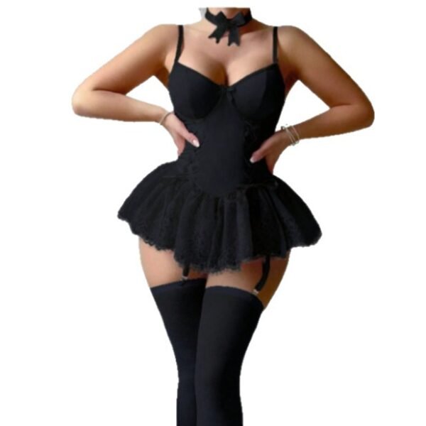 Cross-Border Foreign Trade European and American New Sexy Lingerie Sexy Women's Lace Mesh Bow One-Piece Skirt Sexy Suit