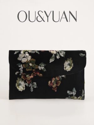 Black Velvet Sequin Flower Envelope Clutch