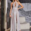 Cross-Border Foreign Trade European and American New Sexy Underwear Sexy Women's Mesh Yarn Halterneck Hollow Split Long Skirt Sexy Suit