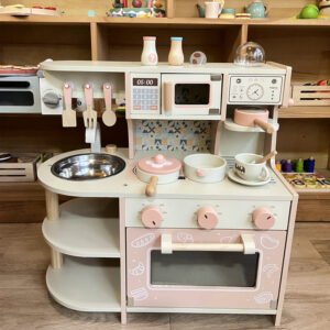 Wooden Play Kitchen Set - Toy Hob, Coffee Machine, Cookware & Cutting Food