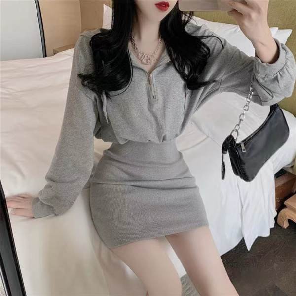 Hooded Sweater Hip Skirt Waist Slimming Base All-match Korean Style Dress
