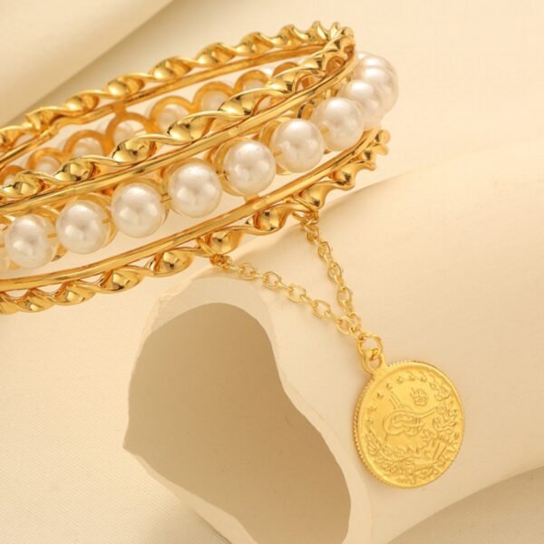 Middle Eastern Vintage Pearl Bracelet with 24K Gold-Plated Coin Pendant