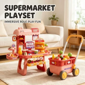 Kids Supermarket Shopping Cart Playset - Fruit & Vegetable Set with Cash Register
