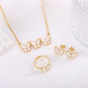 Little Butterfly Necklace Earrings Ring Three-Piece Set Fashionable Simple