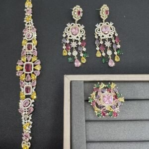 Multicolour Zircon Tassel Jewellery Set - Bracelet, Ring & Earrings
