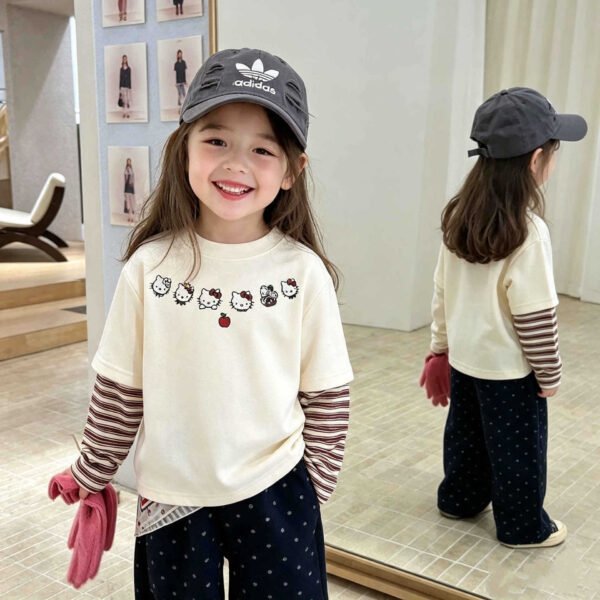Children's Two-in-One Long Sleeve T-Shirt, Cartoon Patchwork Sleeve Top