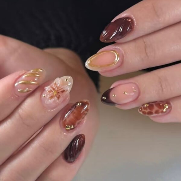 Wy226 Caramel Amber Brown-Red Gilt 3D Wearable Nails
