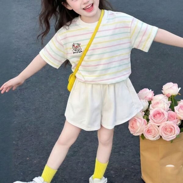 O1CN01iR0wib1CSEQl0gpPC_2218561860079-0-cib Girls' Summer Striped Short-Sleeve T-Shirt, Casual Rainbow Stripe Design