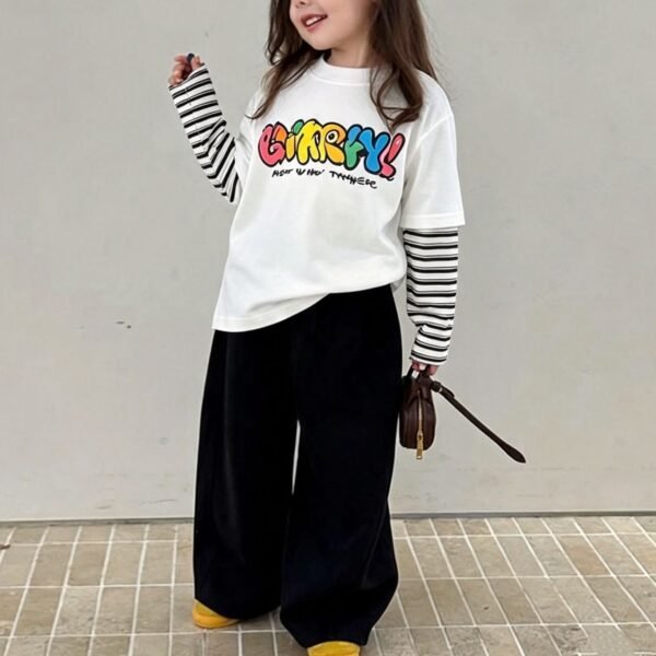 Children's Two-in-One Long Sleeve T-Shirt, Cartoon Patchwork Sleeve Top
