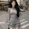 Light Luxury Style Mesh Patchwork Long-Sleeved High-Neck Cake Dress - Women's High-End French-Style Banquet Dress