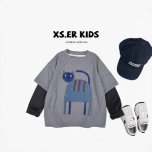 Kids Faux Two-Piece Cat Print Long Sleeve T-Shirt