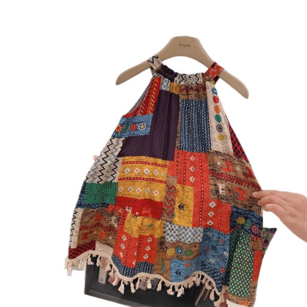 Girls Beach Style Halter Neck Patchwork Print Dress