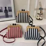 Striped Canvas Wooden Clasp Handbag - Shoulder Crossbody Bag