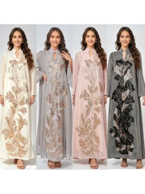 MT557 New Women Fashion Dress, Stand Collar Beaded Embroidery Light Luxury Cross-Border Ready Stock