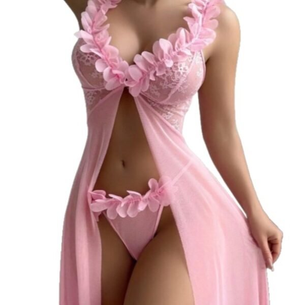 Cross-Border Foreign Trade European and American New Sexy Lingerie Sexy Women's Flower Front Placket Mesh Suspender Long Skirt Sexy Suit