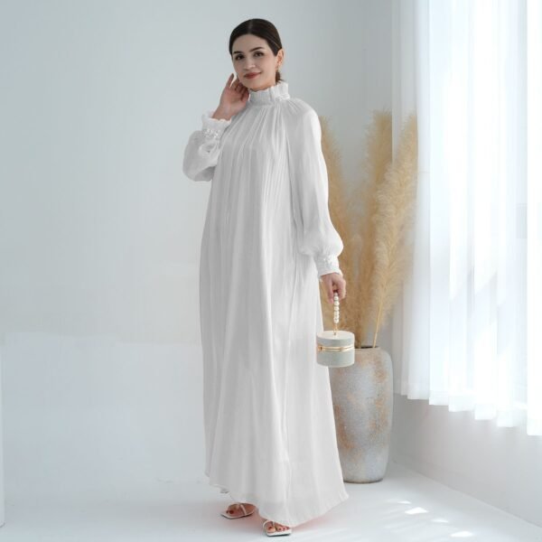 LN7101 Sparkling Diamond Ruffled Stand Collar Lantern Sleeve Maxi Dress