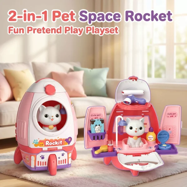 Pet Space Rocket Backpack - Pretend Play Vet & Makeup Set for Kids