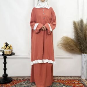 FK405-128 Robe de couleur unie avec bordure à volants contrastés, ensemble deux pièces