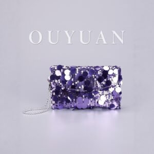 Purple Sequin Chain Crossbody Bag – Small Square Clutch