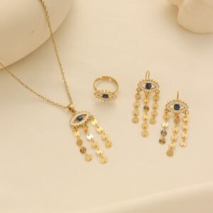 Turkish Blue Eye Protection Jewelry, Non-Fading Light Luxury Bohemian Tassel Necklace Three-Piece Set