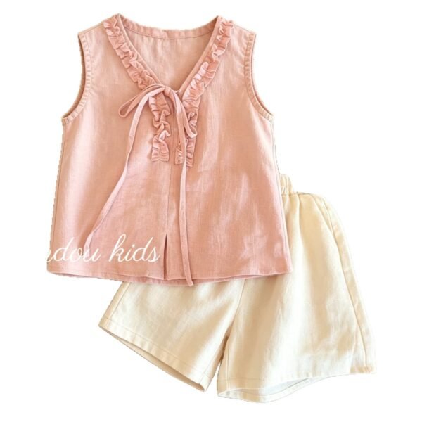 Girls' Tencel Linen Sleeveless Set with Lace Collar, Simple Cute Princess Style