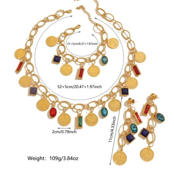 Coin Jewelry Set, Colored Diamond Necklace Four-Piece Set with Zircon Earrings 4 Coin Jewelry Set, Colored Diamond Necklace Four-Piece Set with Zircon Earrings