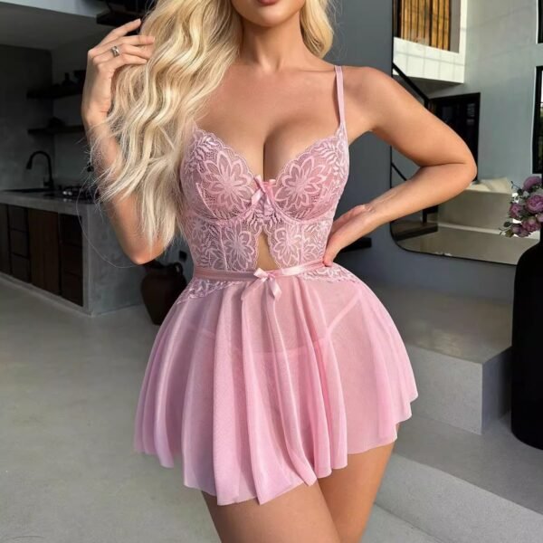 Cross-Border Foreign Trade European and American New Sexy Underwear Sexy Women's Lace Mesh Bow Nightgown Sexy Suit Wholesale