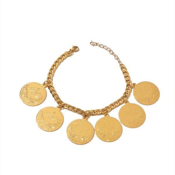Copper Alloy Electroplated Badge Bracelet, Coin Style Ethnic Jewelry, Retro Gold Geometric Shape 5 Copper Alloy Electroplated Badge Bracelet, Coin Style Ethnic Jewelry, Retro Gold Geometric Shape