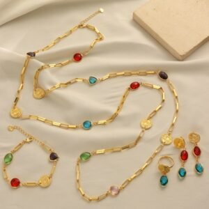 Vintage Colorful Gemstone Gold Coin Jewelry Four-Piece Set