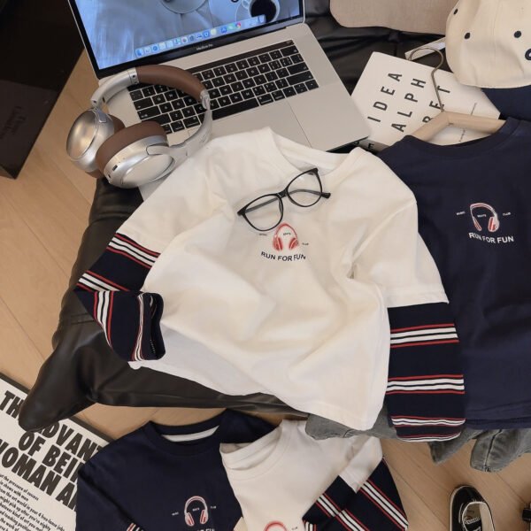 Boys' Pure Cotton Long-Sleeve T-Shirt, Children's Faux Two-Piece Base Shirt, Spring Autumn Style
